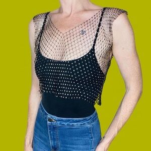 Black Silver Sparkle Beaded Festival Sexy Necklace Rhinestone Jewelry Top